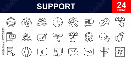 Support web icons set. Support - simple thin line icons collection. Containing helpdesk, online help, quick response, online service, call center, feedback and more. Simple web icons set