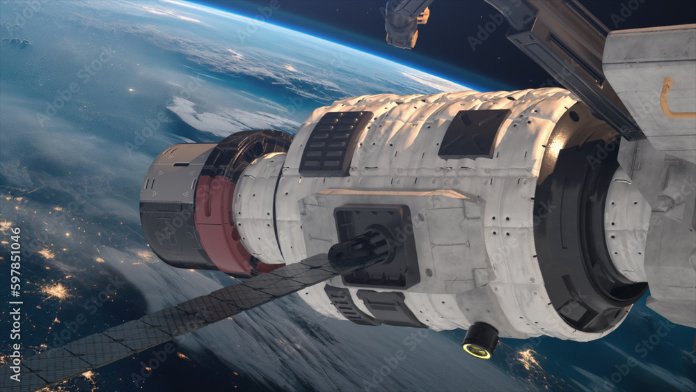 View from space on the planet earth and spaceship. Space station. Intergalactic transportation. Satellite. Space travel View from space on the planet earth and spaceship. Space station. Intergalactic transportation. Satellite. Space travel