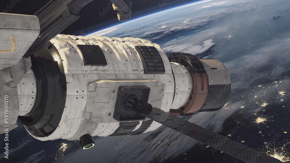 Space travel concept. Shuttle. Close-up view of a spaceship. Flight of the ISS over the atmosphere. Universe Space travel concept. Shuttle. Close-up view of a spaceship. Flight of the ISS over the atmosphere. Universe