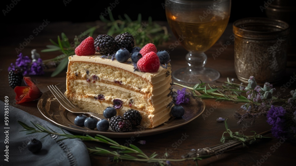 Dreamy Earl Grey Lavender Cake with Honey Buttercream and Fresh Berries. Generative AI.