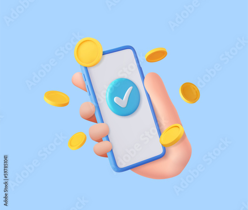 3d mobile phone, check mark and golden coins photo