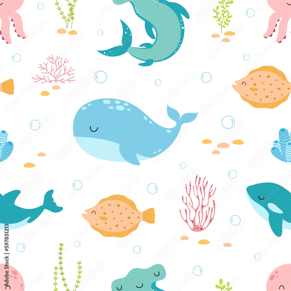 seamless marine pattern with sea animals, flat illustration