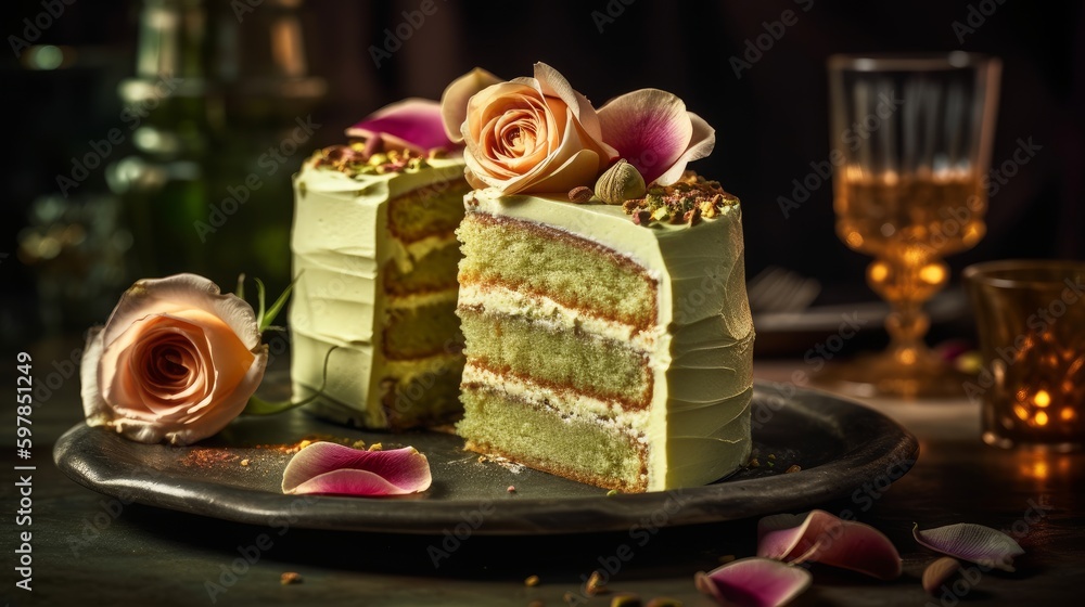 Elegant Pistachio Rosewater Cake with Vanilla Buttercream and Edible Roses. Generative AI.