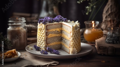 Elegant Lavender Honeycomb Cake with Vanilla Buttercream and Fresh Lavender. Generative AI.