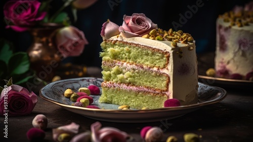 Elegant Pistachio Rosewater Cake with Vanilla Buttercream and Edible Roses. Generative AI.