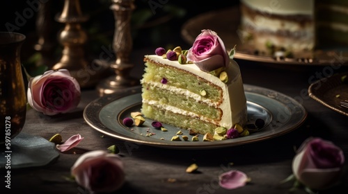 Elegant Rosewater Pistachio Cake with Vanilla Buttercream and Edible Roses. Generative AI.