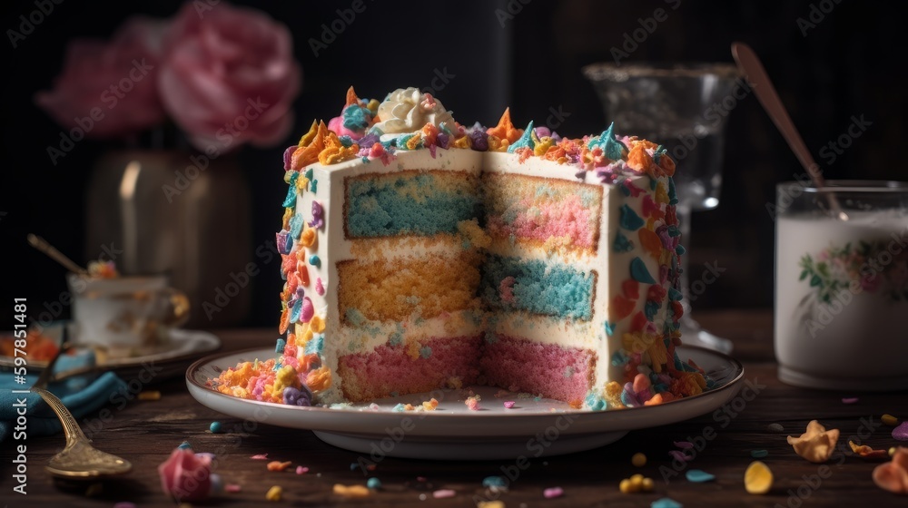 Whimsical Unicorn Cake with Vanilla Buttercream and Rainbow Sprinkles. Generative AI.