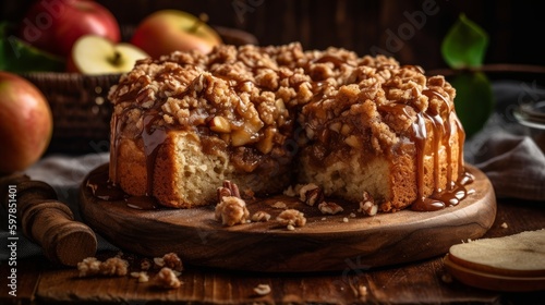 Rustic Apple Cake with Cinnamon Streusel and Caramel Drizzle. Generative AI.