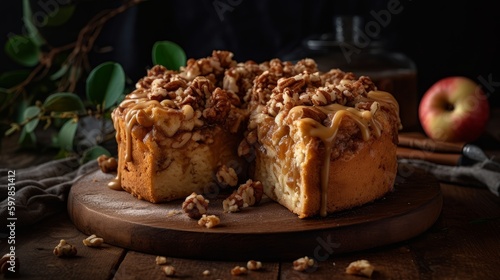 Rustic Apple Cake with Cinnamon Streusel and Caramel Drizzle. Generative AI.