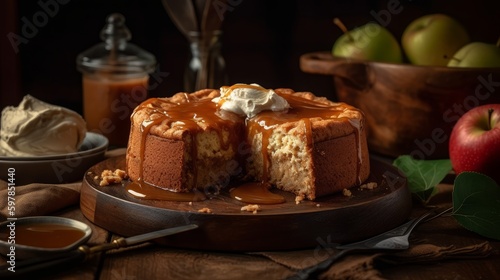 Rustic Apple Cinnamon Cake with Caramel Sauce and Whipped Cream. Generative AI.