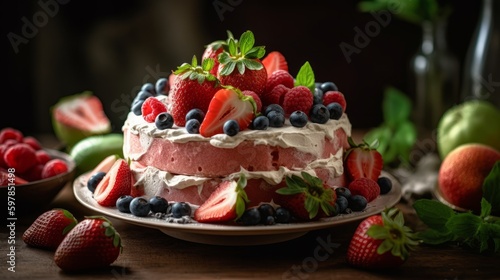 Whimsical Watermelon Cake with Whipped Cream Frosting and Fresh Berries. Generative AI.