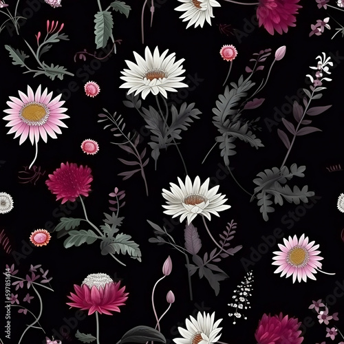 red, pink and white wild flowers with green leaves on black background, seamless pattern