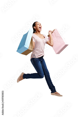 Portrait, jump or excited woman with shopping bags or fashion isolated on transparent png background. Jumping celebration, sales deals or happy girl customer with designer clothes or luxury products