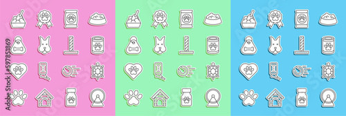 Set line Hamster wheel, Turtle, Canned food, Bag of for pet, Dog, collar with bone, Cat litter tray shovel and scratching post toy icon. Vector