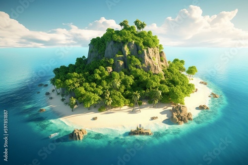 Cartoon depiction of a stunning tropical island, perfect for an idyllic vacation. Generative AI