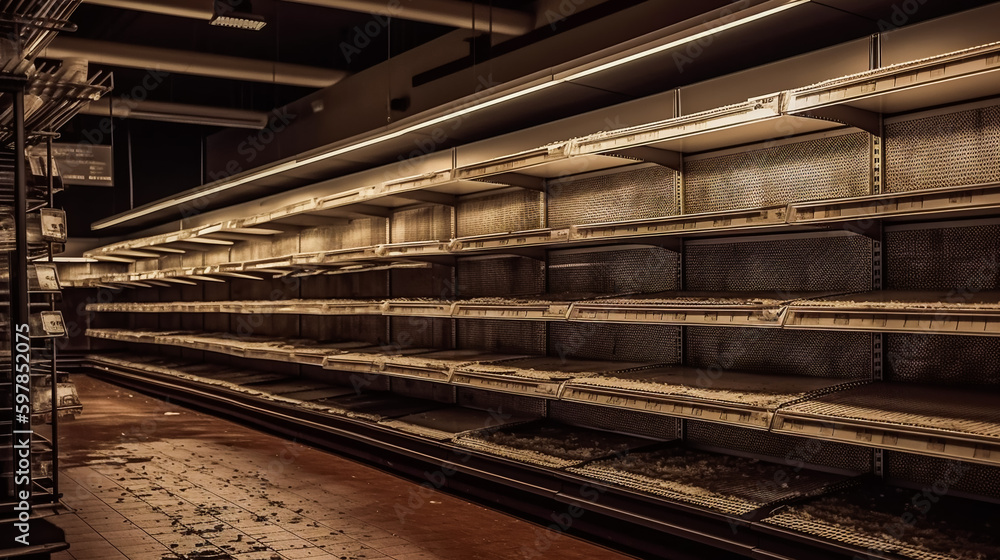 Lack of Goods.  Barren Shelves.  Empty Grocery Store. AI generated