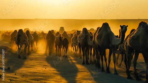 Desert Treks. A Caravan of Camels. Generative AI