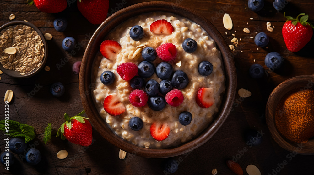 A bowl of oatmeal with fruit and nuts. AI Generated A bowl of oatmeal with fruit and nuts. AI Generated