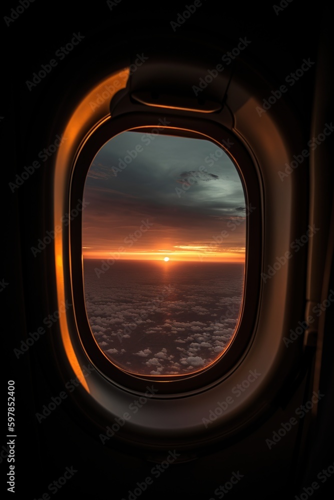 A beautiful sunset seen from an airplane window, Generative AI A beautiful sunset seen from an airplane window, Generative AI