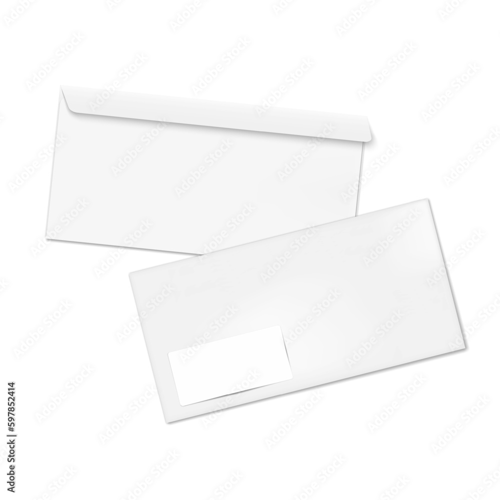Blank white DL envelope with empty address label sticker front and back realistic vector mockup Blank white DL envelope with empty address label sticker front and back realistic vector mockup