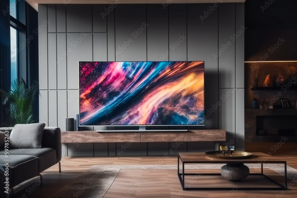 Big Screen TV Takes Center Stage in Modern Living Room. Generative AI