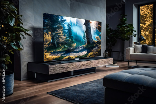 Big Screen TV Takes Center Stage in Modern Living Room. Generative AI © EwaStudio