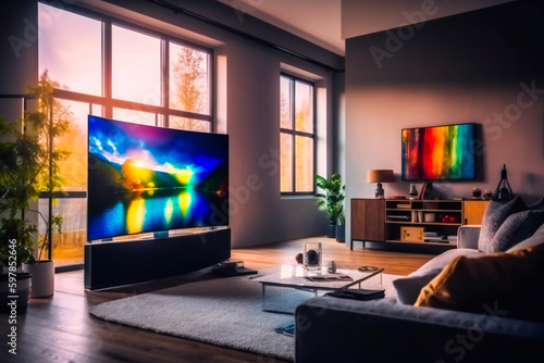 Big Screen TV Takes Center Stage in Modern Living Room. Generative AI © EwaStudio