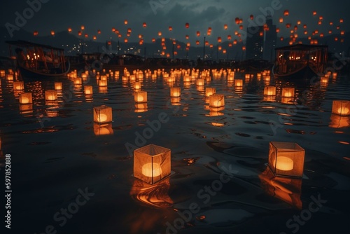 Asian lanterns float on water during religious festival. Generative AI