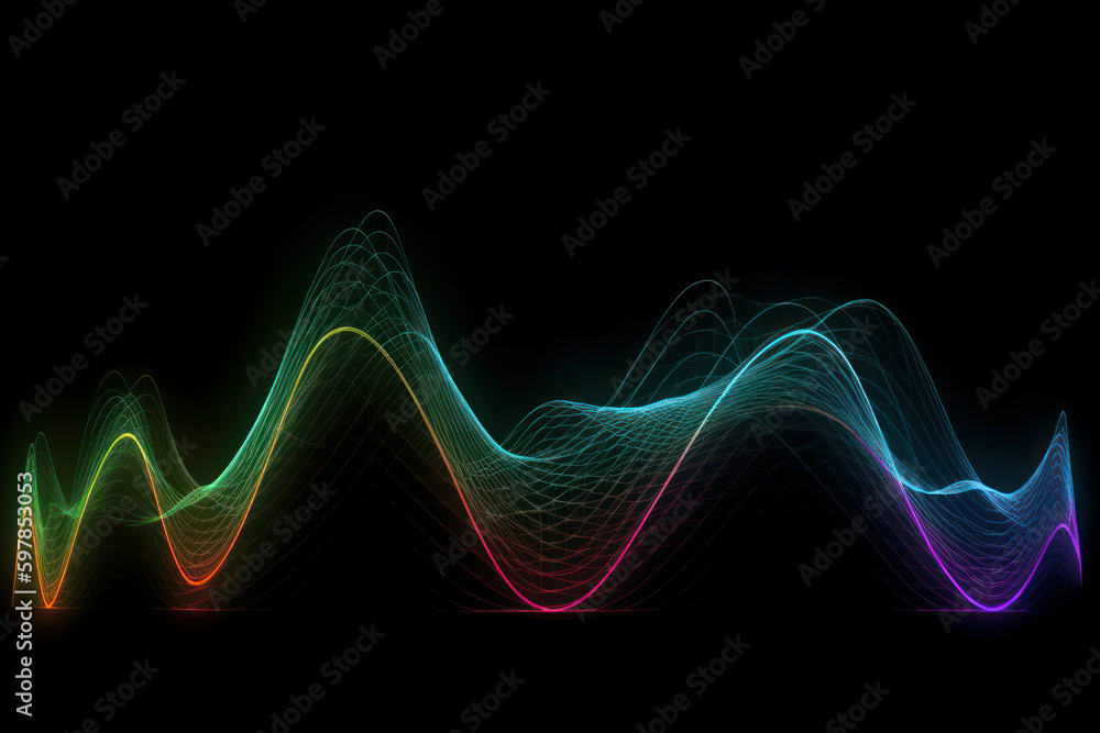 impulse multicolored thin waves on a black background. Generative AI impulse multicolored thin waves on a black background. Generative AI