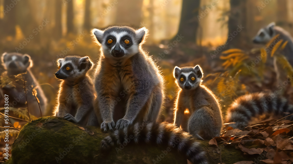 Curious Lemur Family Investigating Their Surroundings. Generative AI