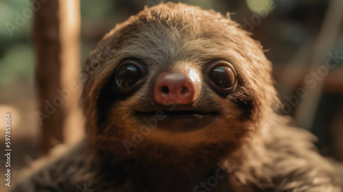 Curious Baby Sloth Peeking Out from Behind a Leaf. Generative AI