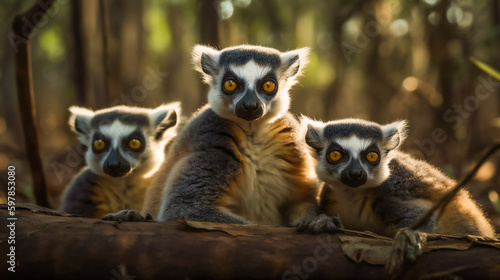 Curious Lemur Family Investigating Their Surroundings. Generative AI © EwaStudio