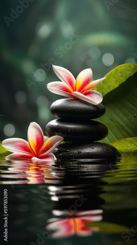 Pyramids of balanced zen pebble meditation stones with green leaves and flowers in water on tropical forest background. Concept of harmony, balance and meditation, spa, massage, relax and yoga.