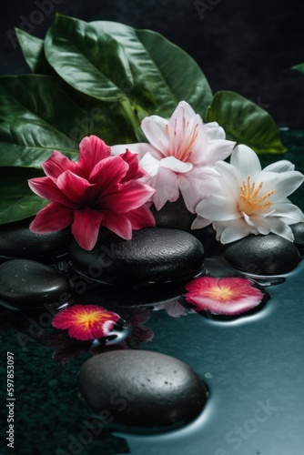 Pyramids of balanced zen pebble meditation stones with green leaves and flowers in water on tropical forest background. Concept of harmony  balance and meditation  spa  massage  relax and yoga.