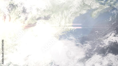 Earth zoom in from outer space to city. Zooming on Washington Township, New Jersey, USA. The animation continues by zoom out through clouds and atmosphere into space. Images from NASA photo