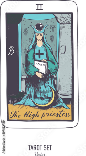 Vector hand drawn Tarot card deck.  Major arcana the High priestess.  Engraved vintage style. Occult, spiritual and alchemy symbolism