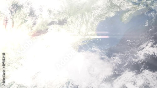 Earth zoom in from outer space to city. Zooming on West New York, New Jersey, USA. The animation continues by zoom out through clouds and atmosphere into space. Images from NASA photo