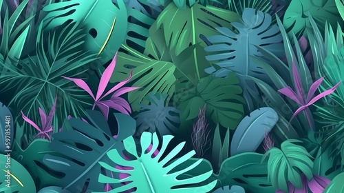 Tropical background with jungle plants. Palm leaves. Floral exotic hawaiian . Rainforest. Summer tropical leaf Generative AI