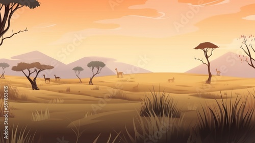 African savanna. 2D game background. Digital illustration of scenery for an adventure game