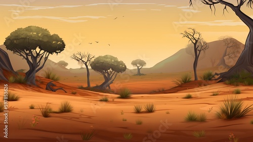 African savanna. 2D game background. Digital illustration of scenery for an adventure game Generative AI