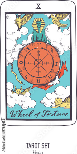 Vector hand drawn Tarot card deck.  Major arcana Wheel of fortune.  Engraved vintage style. Occult, spiritual and alchemy symbolism