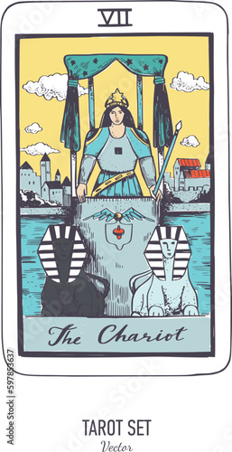 Vector hand drawn Tarot card deck.  Major arcana the Chariot.  Engraved vintage style. Occult, spiritual and alchemy symbolism