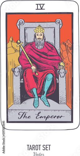 Vector hand drawn Tarot card deck.  Major arcana the Emperor.  Engraved vintage style. Occult, spiritual and alchemy symbolism