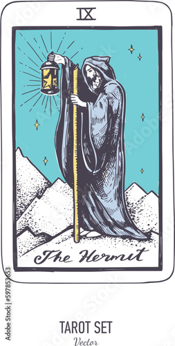 Vector hand drawn Tarot card deck.  Major arcana the Hermit.  Engraved vintage style. Occult, spiritual and alchemy symbolism