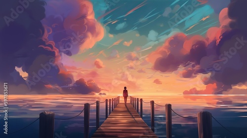 beautiful scenery of the woman standing alone on a wooden pier looking at colorful clouds in the sky, digital art style, illustration painting Generative AI