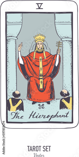 Vector hand drawn Tarot card deck.  Major arcana the Hierophant.  Engraved vintage style. Occult, spiritual and alchemy symbolism