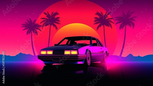 Car retro wave or synthwave background, retro summer sunset Generative AI © Suleyman