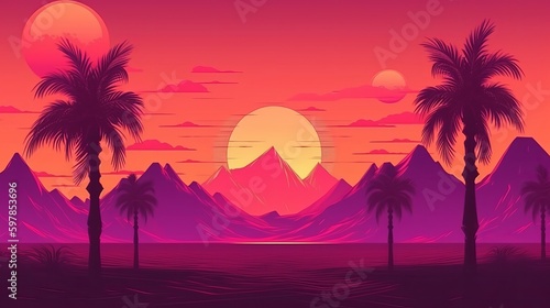 Desert sunset landscape with palm trees and mountains, retro style, 80s. Digital illustration Generative AI