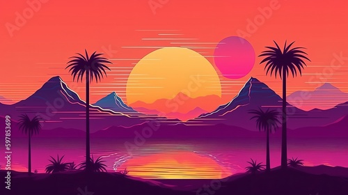 Desert sunset landscape with palm trees and mountains  retro style  80s. Digital illustration Generative AI