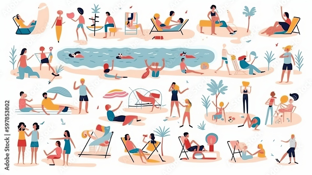 People at beach or seashore relaxing and performing leisure outdoor activities illustration Generative AI
